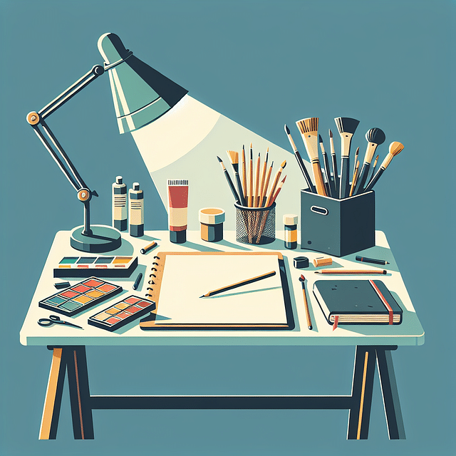 artist's desk with drawing tools