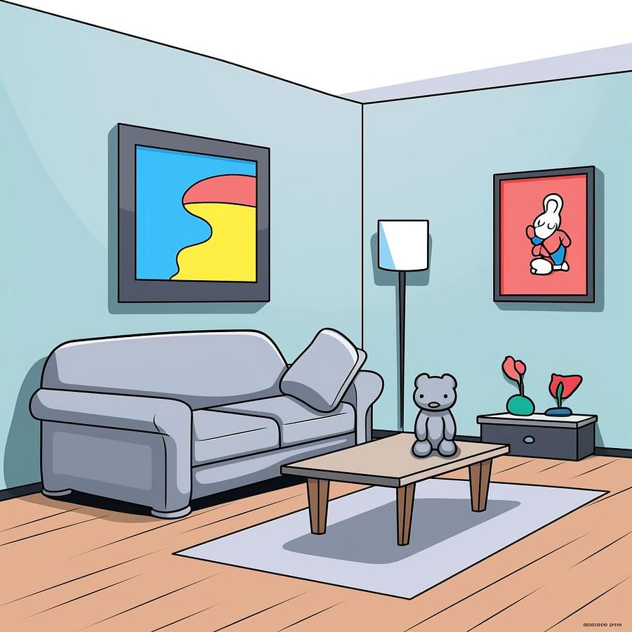 A tastefully decorated room with Kaws artwork prominently displayed