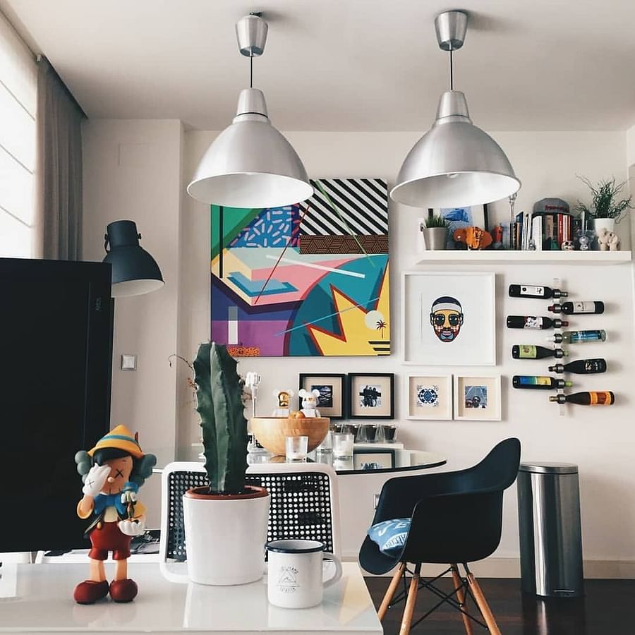 Kaws-themed wallpaper in a stylish room