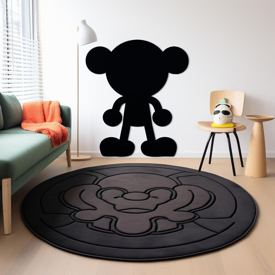 A Kaws rug placed in a room with Kaws wallpaper