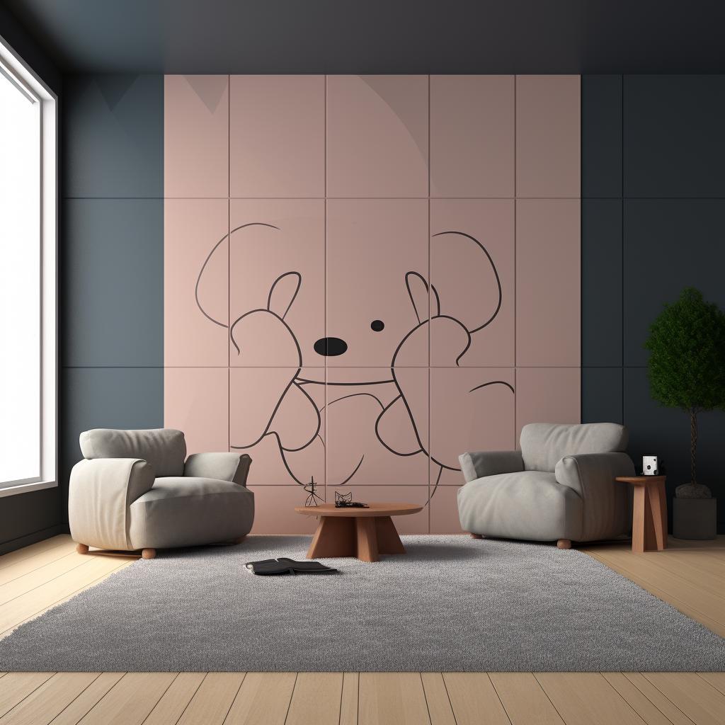 A room with Kaws wallpaper and rug, balanced with minimalist furniture