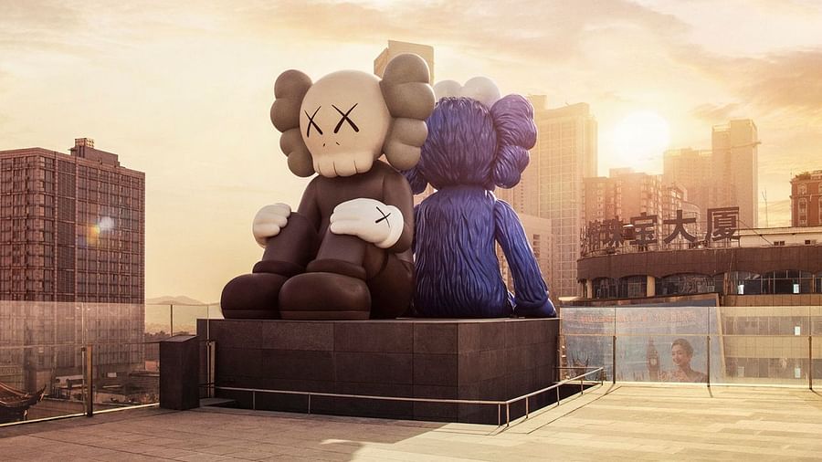 Before and after transformation of a cityscape by Kaws\' street art