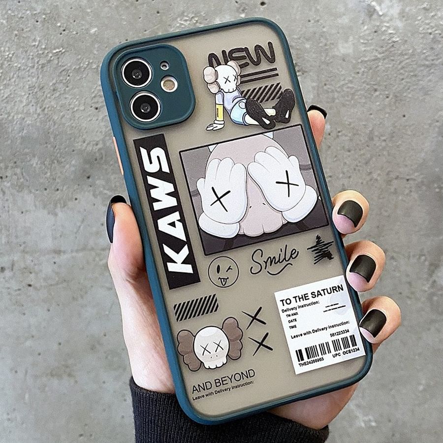 Collection of phone cases featuring Kaws art designs